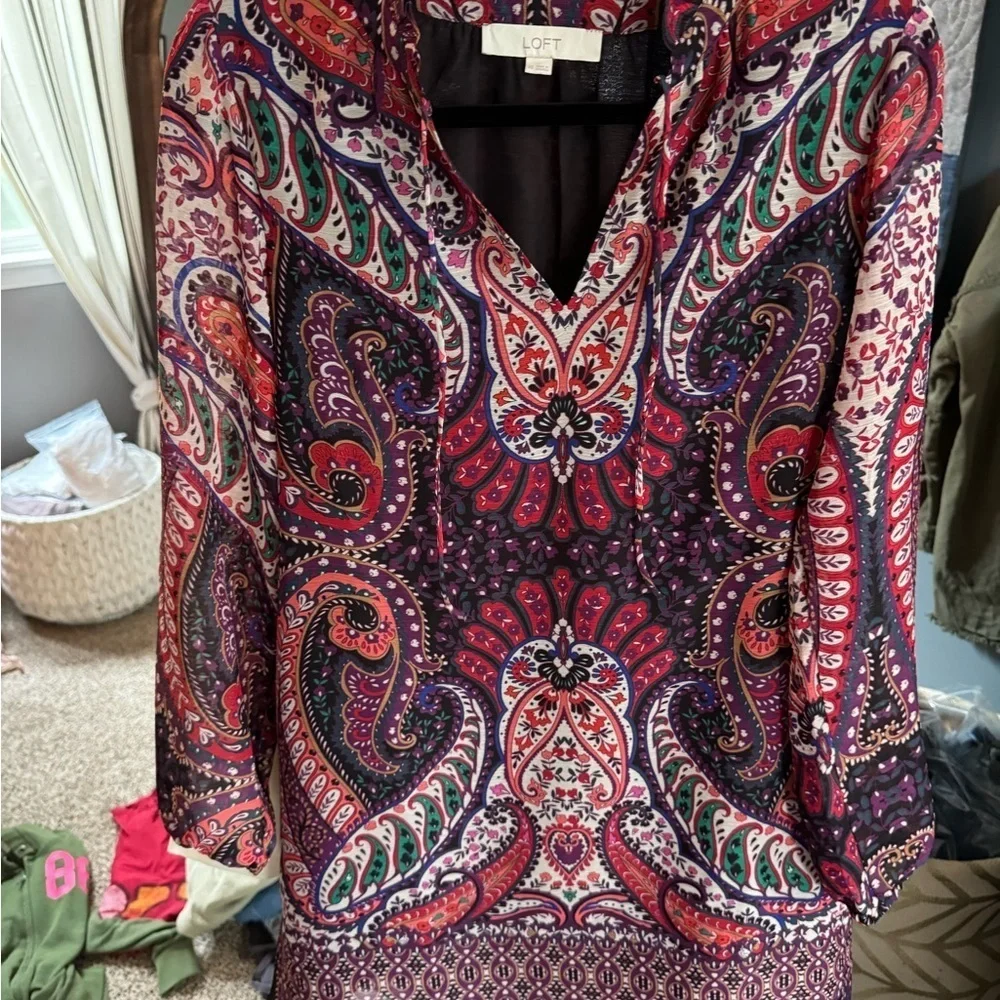 Loft Paisley Tie Neck Swing Dress Size xs Smooth Stone Women's - Picture 8 of 8